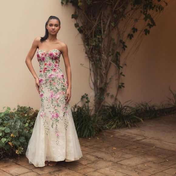 MAC DUGGAL 20652 Beige Strapless Bustier Floral Embroidered Mermaid Gown - Picture 2 of 15